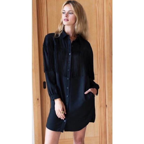 Emerson Fry Fringe Shirtdress In Black Tencel Button Front Pockets Size Small - Picture 3 of 15